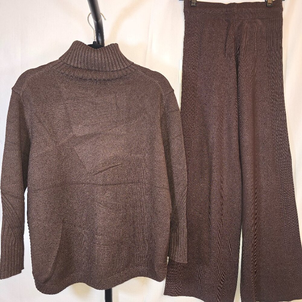 Brown Turtle Neck Rib Knit Pantsuit - Picture 2 of 2
